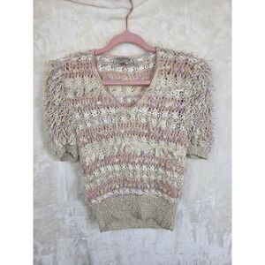 Colleen Toland Hand Knitted Artisan Sweater V-Neck Fringe Boho Pink Cream Small